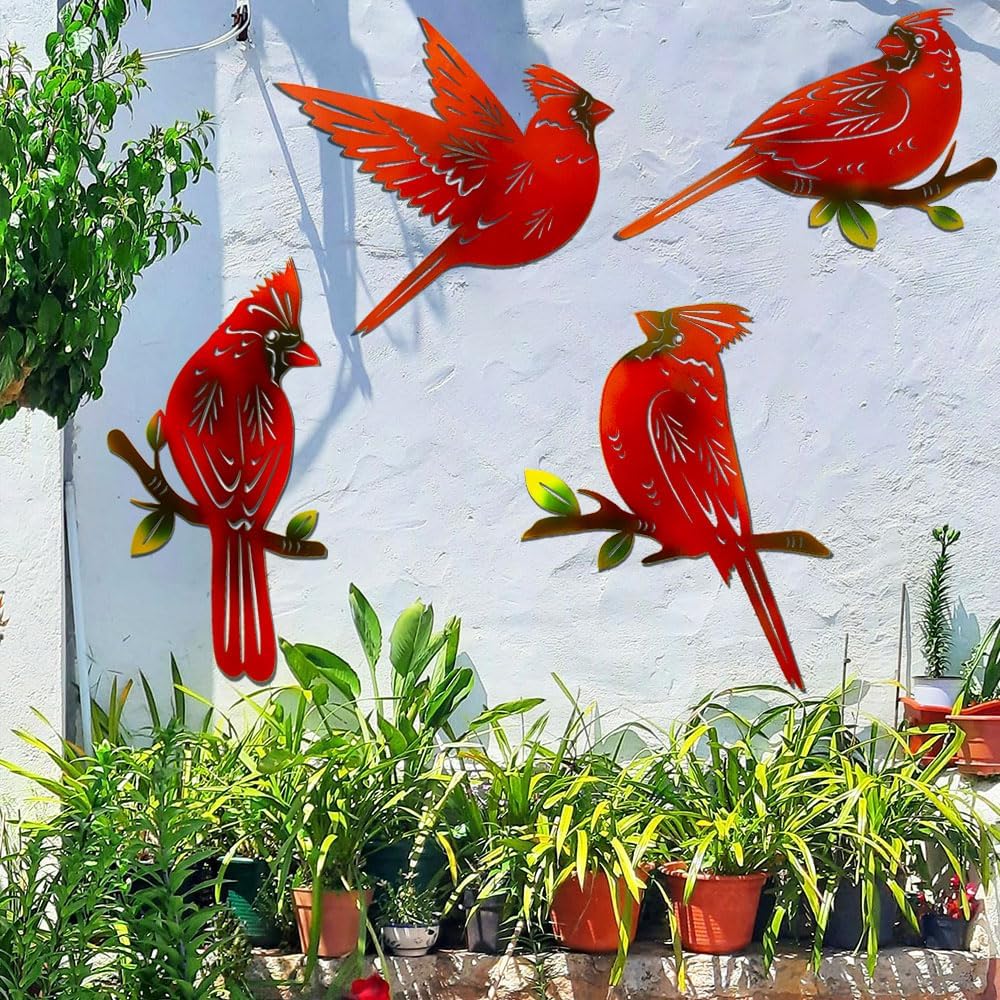 4 Pack Cardinal Metal Bird Wall Art