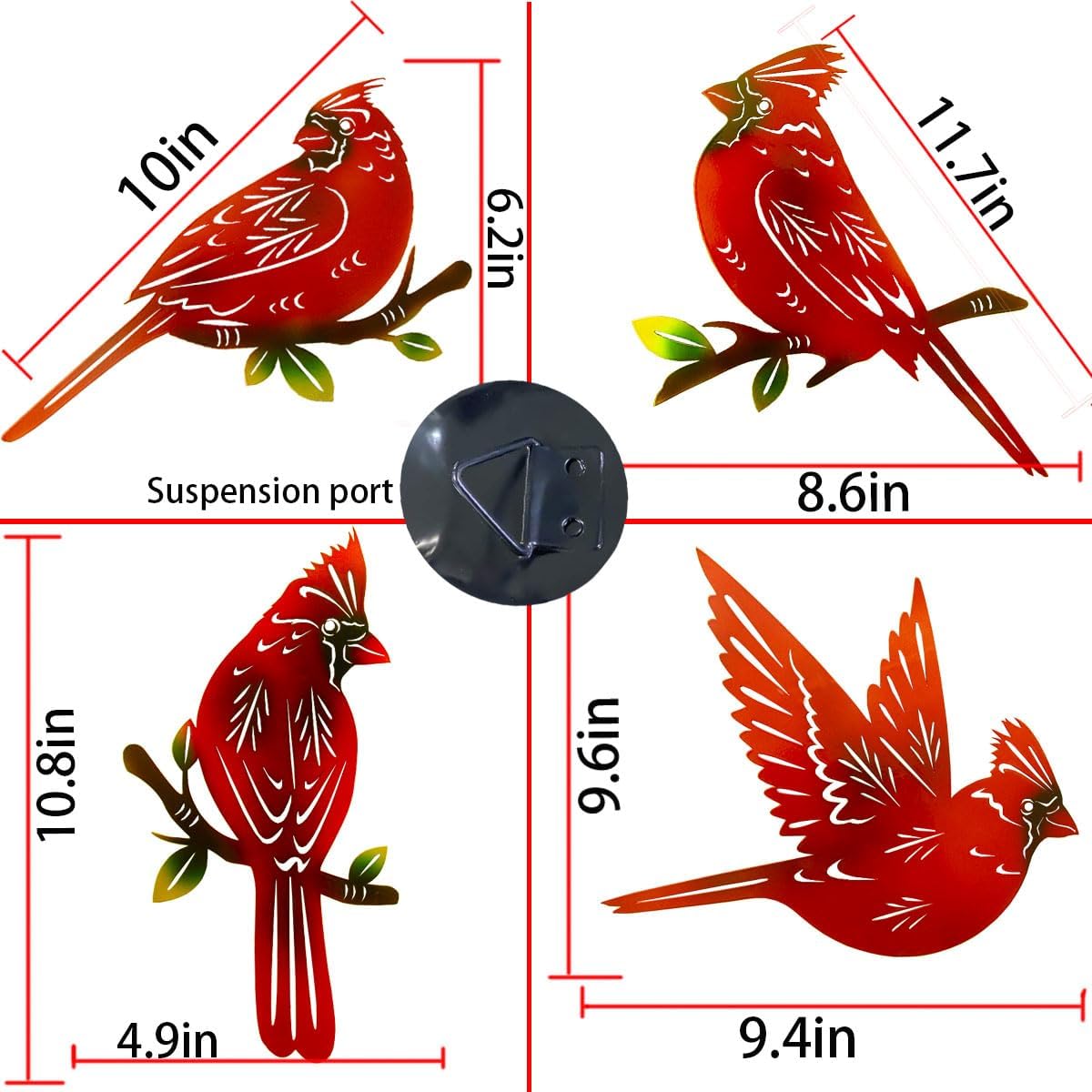 4 Pack Cardinal Metal Bird Wall Art